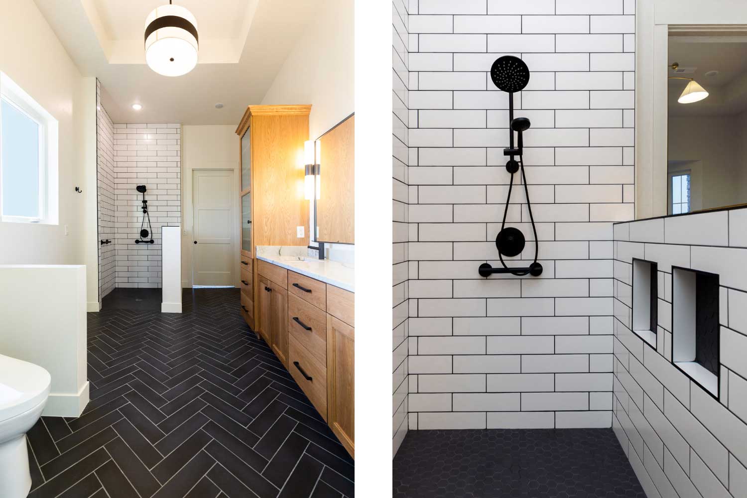Black and white custom tile work in the primary bathroom